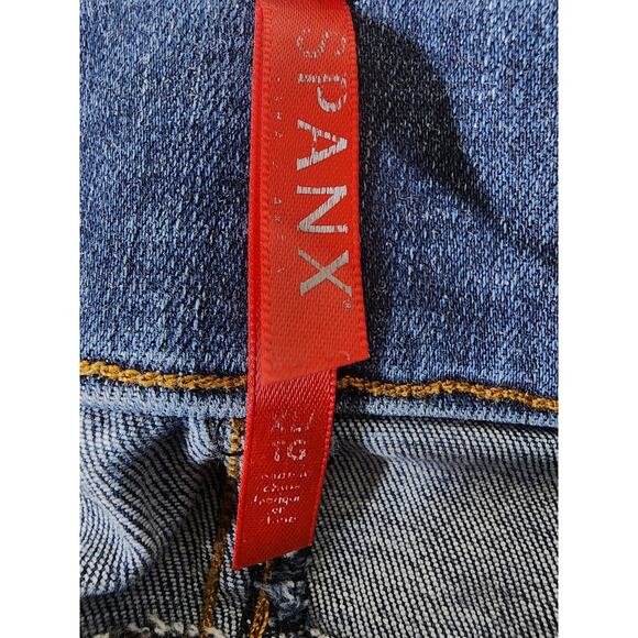 SPANX Blue Distressed Pull On Ankle Skinny Jeans Raw Fray Hem SZ XL - Picture 6 of 10